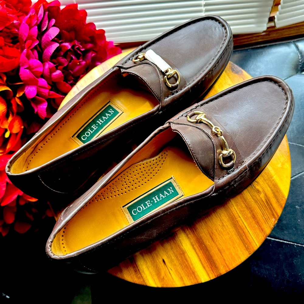 New Cole Haan Brown Leather Bit Loafers w/ Gold Hardware, Retails for $200